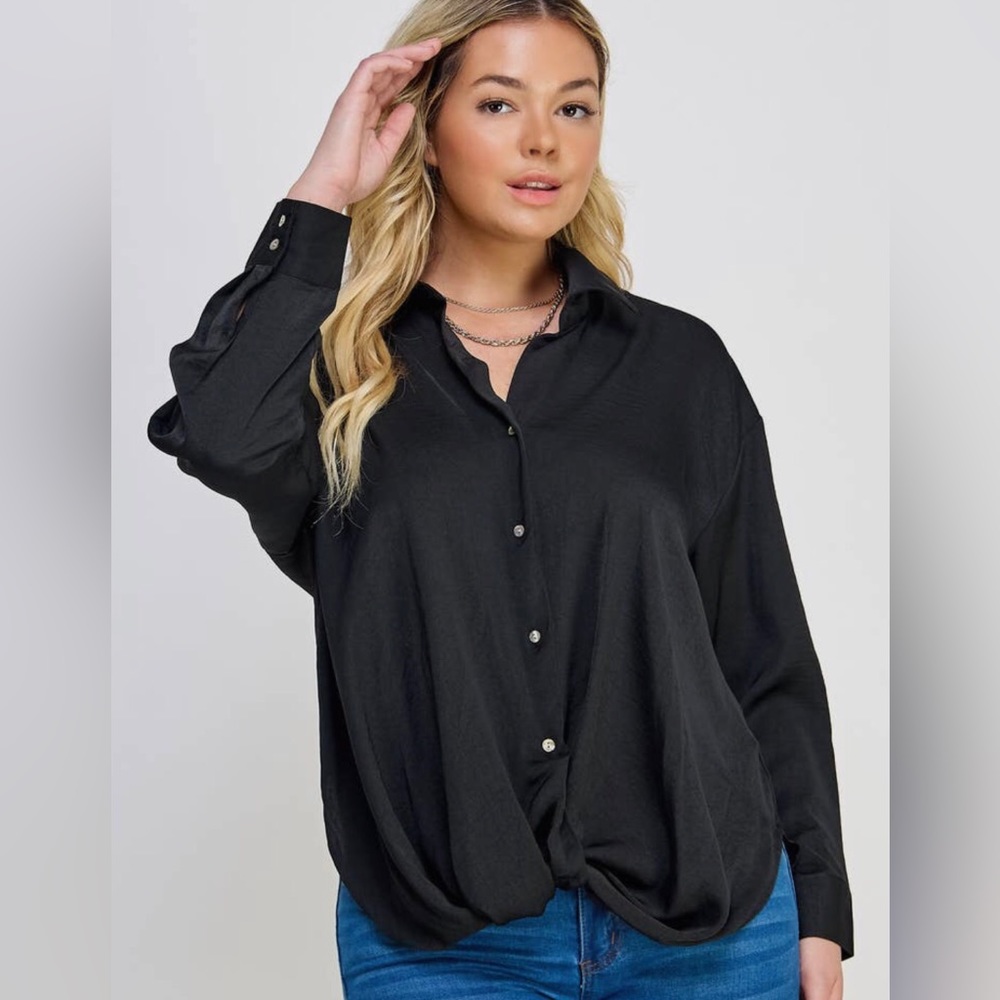 Dani Plus Black Satin Twist Front Shirt